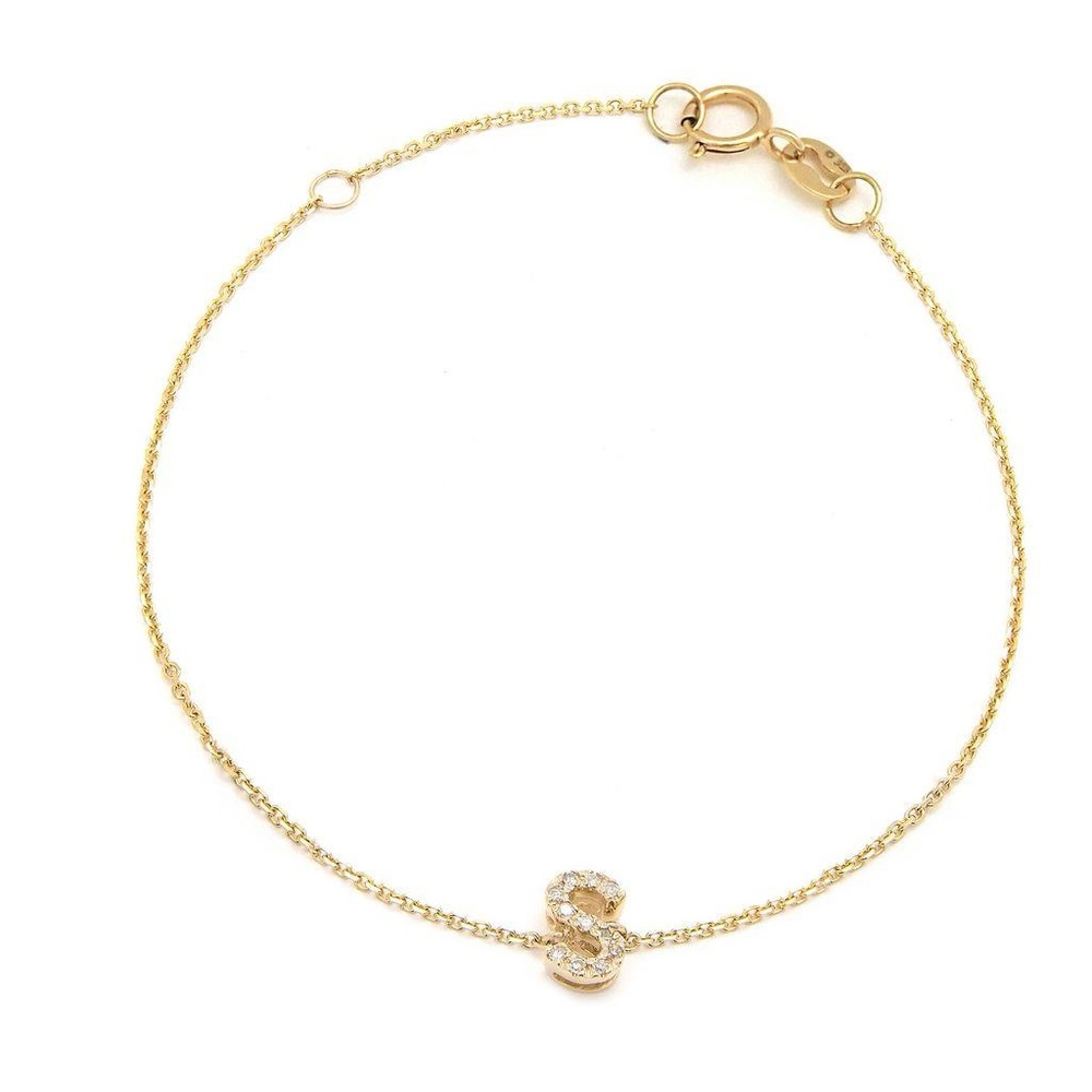14K Real Yellow Gold  Initial ”S” Single Prong Diamond Bracelet 7+1″